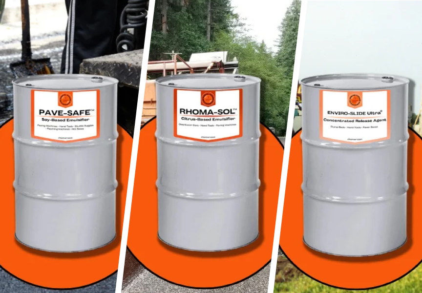 Three gray industrial drums with orange labels (Pave-Safe, Rhoma-Sol, Enviro-Slide Ultra) on an orange background.